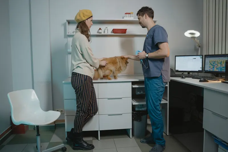 A pet owner and a veterinary team member talk in a clinic treatment room