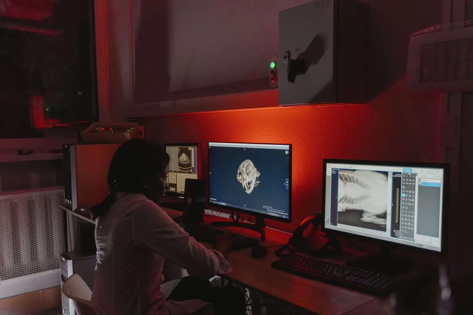A technician reads radiographs on two screens in a darkened room